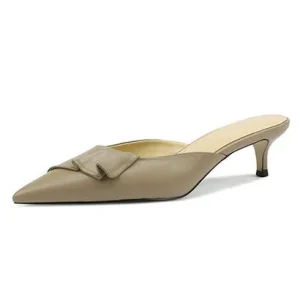 Mid High Heel Full Real Leather Women’s Mules Shoes Pointed Closed Toe Half Slippers Sandals