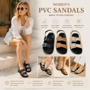 Minimalist Double Buckle Women PVC Sandal Flat Slingback Sandals Comfortable PU Casual Ladies Shoes Factory