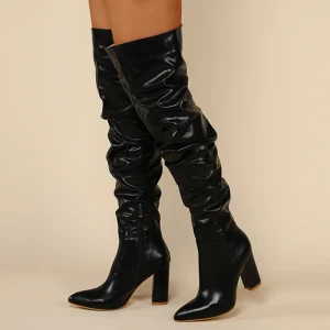 Modern Pointed Toe Stiletto Heel Leather Thigh High Boots Black