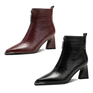 Moncheer Custom Women’s Summer Comfortable Lightweight Ankle Boots Croc Embossed Leather Pointed Toe Chunky Heel Booties Front