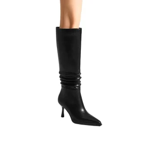 Moncheer Women’s Summer Black Knee High Boots Ruched Stiletto Heel Pointed Toe Zip Closure Height Increasing Winter Autumn