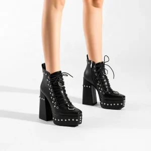 Moncheer Women’s Winter Studded Platform Lace Up Chunky Heel Ankle Boots Fur Lightweight Gothic Punk High Block Heel Fashion