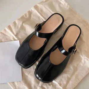 Mozhixi Custom Ladies Flat Sandals Classic Round Toe Low Heel Slides Black Leather Women’s Mule Shoes for Summer