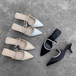 Mules Style Women’s High Heel Shoes Rhinestone Pumps Slide Slippers Heels for Ladies