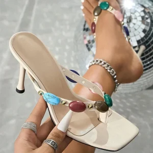 Multicolored Stones Paired with Metal Rivets Square-headed Toe-thong Mule Design Heel Daily Vacation Dress Shoes