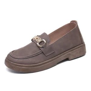 Navy Blue Women’s Slip On Loafers with Gold Chain Decor Comfort Flat Shoes for Daily Office Wear