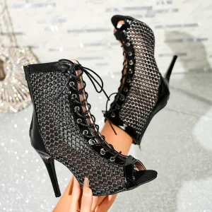 Net Fabric Fashion Lace up Sandals European American Outerwear Style Stiletto Fashionable Fish mouthed Sandals Women’s Shoes