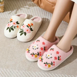 New Arrival Customize Colorful Flowers Embroider Warm slippers for Women’s Winter Indoor Home Anti slip Soft Bottom slippers