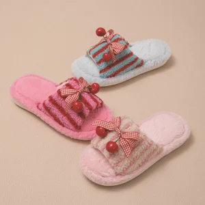 New Arrival Customize Cute Bows and Cherries Warm Open Toes Plush slippers for Women’s Men Winter Indoor Home Anti slip Soft