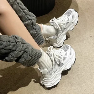 New Arrival Factory Bulk Women’s Daily Athletic Footwear White Gray Mesh Breathable Chunky Platform Sneakers