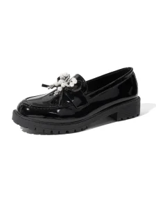New Arrival Factory Cute Pearl Bow Patent Platform Loafers Women’s Chunky Heel Casual Shoes