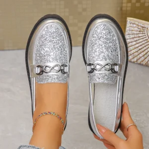 New Arrival Factory Cyberpunk Glitter Metallic Platform Loafers Women’s Silver Chunky Heel Streetwear Shoes
