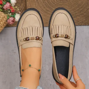 New Arrival Factory Ethnic Tassel Beaded Lug Sole Loafers Women’s Khaki Comfortable Casual Shoes