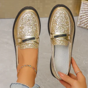 New Arrival Factory Glitter Metallic Buckle Platform Loafers Women’s Gold Chunky Heel Party Dress Shoes