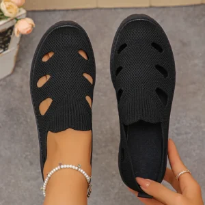 New Arrival Factory Hollow Knit Slip On Loafers Women’s Black Breathable Casual Shoes