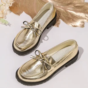 New Arrival Factory Shiny Bow Loafers Women’s Chunky Heel Elegant Dress Shoes