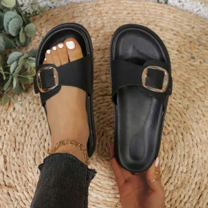 New Arrival Factory Single Buckle Platform Slides Women’s Black Casual Slippers