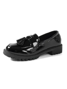 New Arrival Factory Tassel Decor PU Leather Slip On Platform Loafers Women’s Black Preppy Chunky Heel Shoes