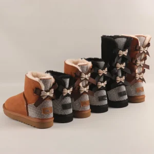 New Arrival Rhinestone Butterfly Bow Warm Mid-Calf Fur Lining Winter Women’s Snow Boots with Custom U Logo