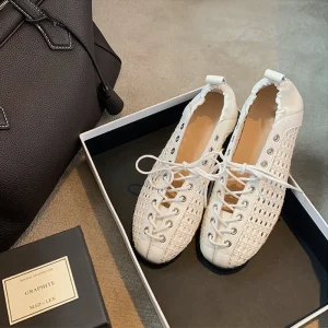 New Arrival Spring Elegant French-inspired Lace-up Woven Hollow-out Elastic Solid Flat Shoes Womens Ballet Flats