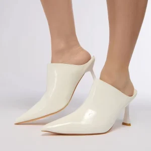 New Arrival Women Point Toe Mid Heeled Mules Slipper Milk White Mule Pump Fashion High Heel Slipper