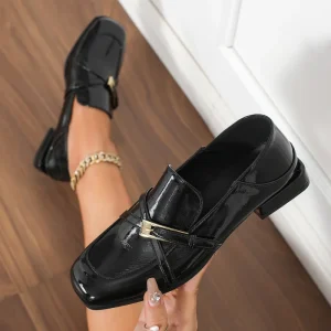 New Arrival Women’s Black PU Leather Loafers Slip On Square Toe Buckle Business Casual Formal Shoes