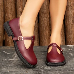 New Arrival Women’s Burgundy Mary Jane Flats T Strap Buckle Platform Casual Daily Dress Shoes