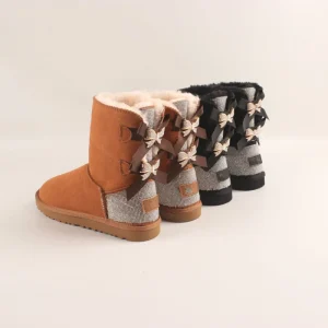 New Arrival Women’s Mid-Calf Cowhide Upper Fur Lining Warm Winter Snow Boots with Rhinestone Butterfly Bow Design