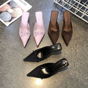 New Arrival Women’s Pointed Toe Bow Mules Thin Heel Backless Slippers Elegant Party Dress Shoes