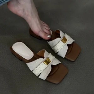New Arrival Women’s Square Toe Braided Metal Flat Slide Sandals Casual Daily Beach Shoes