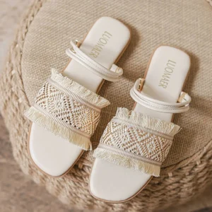 New Arrivals Custom Square Head Hand Woven Flat Bottom Slippers Sandy Beach Ladies Sandals Summer for Women’s Shoes
