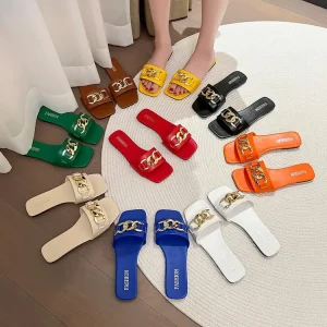 New Arrivals Square Head Single Strap Metal Chain Decoration Flat Sandals Indoor Outdoor Women’s Slippers
