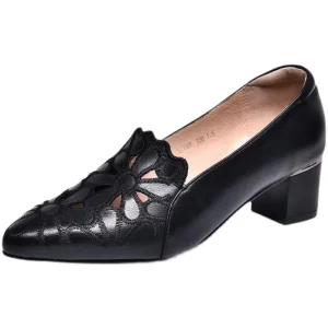 New Autumn Women’s Mid Heel Work Sandals Breathable Soft Leather with Single Soft Face Hollow Embroidered Button Closure