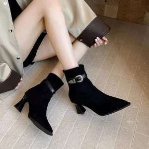 New Autumn and Winter Style Side Zipper Ankle Boots with Suede Pointed Toe Thick Heel and Belt Buckle Splicing