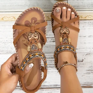 New Bowknot Bohemian Style Women’s Flat Handmade Beaded Rhinestone Sandals Summer Outdoor Beach White Shoes