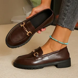 New British-Style Women’s Spring and Autumn Small Leather Shoes Shiny Leather Sleeves Thick-Heeled Fashion Loafers
