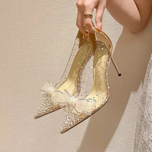 New Champagne Gold Luxury Shiny Pointed Breathable Jelly Heel Shoes Wedding Shoes Crystal Transparent Slip On High Heels
