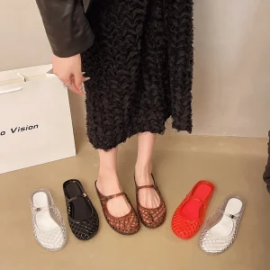 New Comfortable Women’s Flat Sandals with Elastic Face Joker Mary Jane Design Metal Buckle Flat Bottom Breathable and Hollow