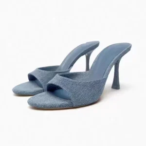 New Denim Blue Open Toe Summer Autumn Fashion Women’s Thin Heel Breathable Lightweight Mules Slippers Winter