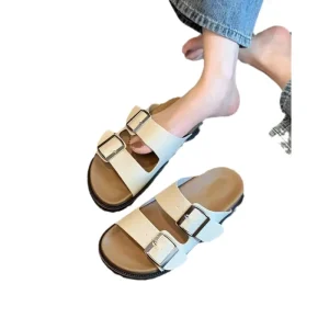 New Design Double Strap Metal Buckle Women’s Sandals Arch Slippers Flat Sandals Women Slides High Quality