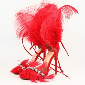 New Design Feather Women’s High Heel Sandals Dress Wedding Metal Chain Shoes Parliament Formal Dancing Party Slide for Ladies