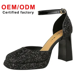 New Design One strap Wedding Shoes square Toe Shallow Waterproof Platform Thick Heel Super High Heel Sequined Sandals for Women