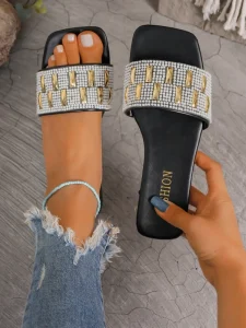 New Design Style Diamonds Square Toe Women’s Waterproof Anti-Slippery Fashion Trend PU Flat Breathable Light Winter Spring