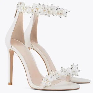 New Design Summer Formal Parliament Women’s High Heel Sandals Open Toe Wedding Shining Pearl Shoes Frenulum Narrow Strap