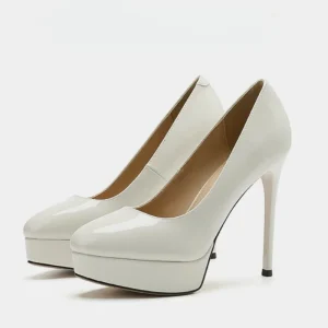 New Design Women’s High Top Slip On PU Pump Shoes Black Pointed Toe Double Platform 8cm High Heel Dress Shoes