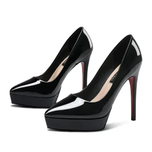New Design Women’s Pump Shoes Black Patent Leather Round Toe Double Platform High Heel Dress Ladies Shoes