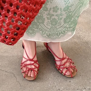 New Designer French Knit Hollow Western Style Kitten Heel 3.5cm Slip-On Summer Women’s Cowhide Open-Toe Party Wedding Shoes