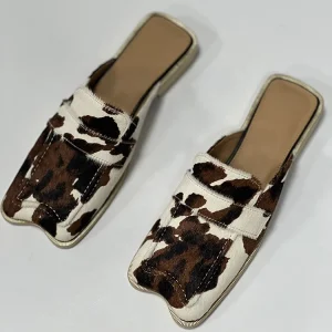 New Designs Square Head Ladies Leather Mules Horsehair Flat Women Shoes