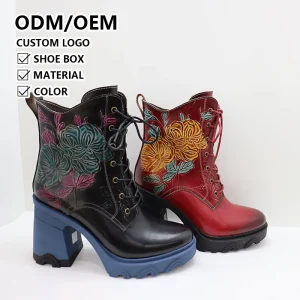 New Ethnic Style Round Toe Handmade Retro High Heels Fashion Boots Chunky Heel Lace up Hand Painted Women’s Leather Boots