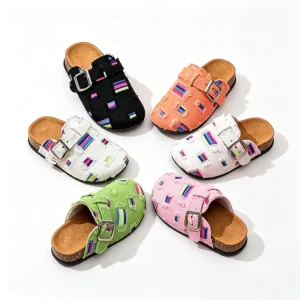 New Fashion Edge Soft Cork Shoes Patchwork Adjustable Mules Non-slip Soft Sole Closed Canvas Women’s Slippers